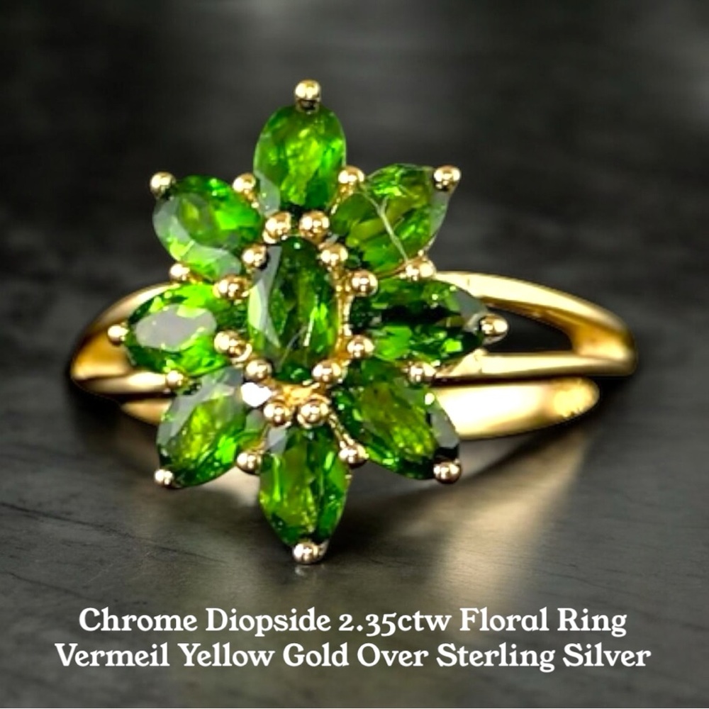 Chrome Diopside 2.35 ctw Floral Ring in Vermeil Yellow Gold Over Sterling Silver